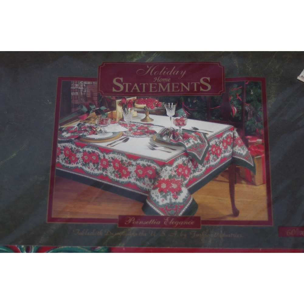 Vtg 90s Christmas Fashion Industries Poinsettia Elegance Tablecloth NOS 60 x 118